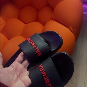Balenciaga Black Slide Sandals with Red Logo Accent
